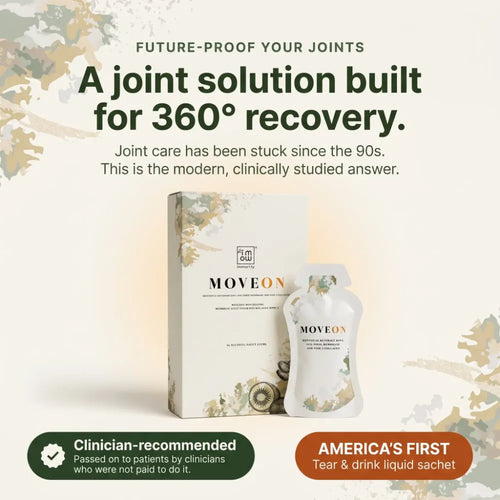 MoveOn by Immority — tear-and-drink joint recovery sachet, box and sachet