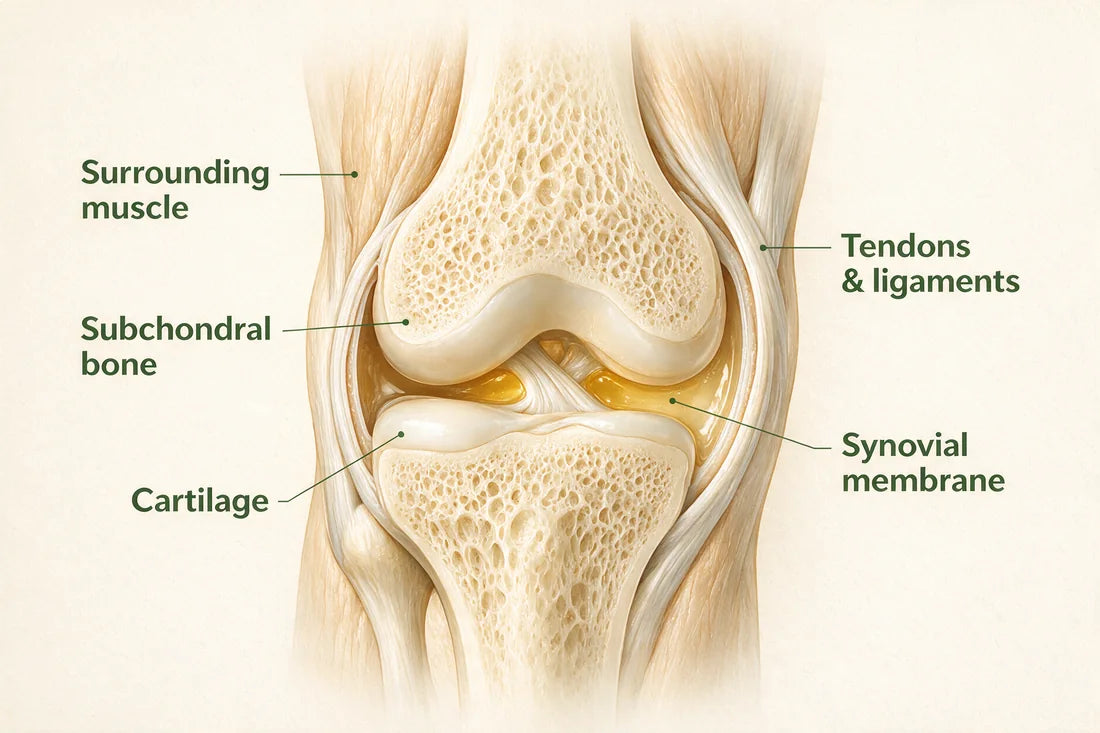 Labeled knee joint cross-section: surrounding muscle, subchondral bone, cartilage, tendons and ligaments, synovial membrane