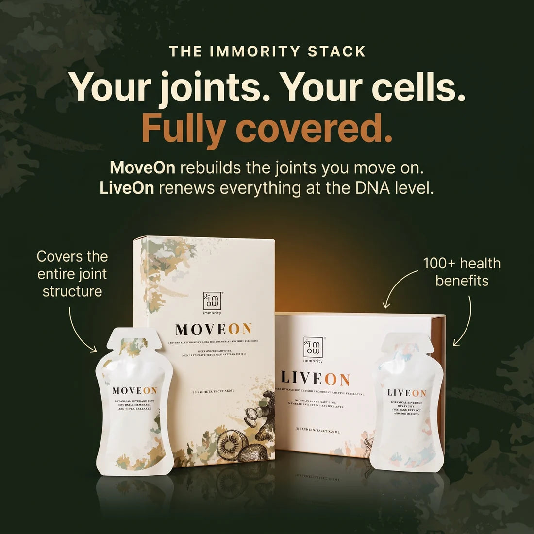 The Immority stack: MoveOn rebuilds the joints you move on, LiveOn renews everything at the DNA level